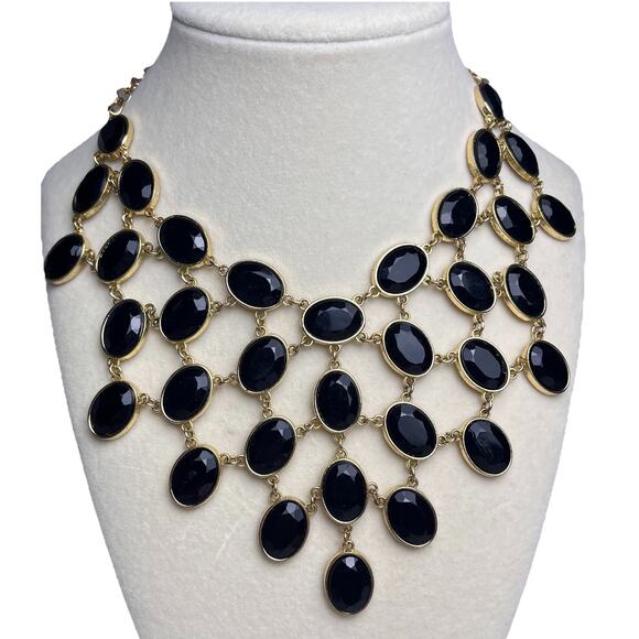 Gold Tone Collar Bib Necklace Black Multi Faceted Inlays Costume Jewelry 16-19" - Picture 1 of 10